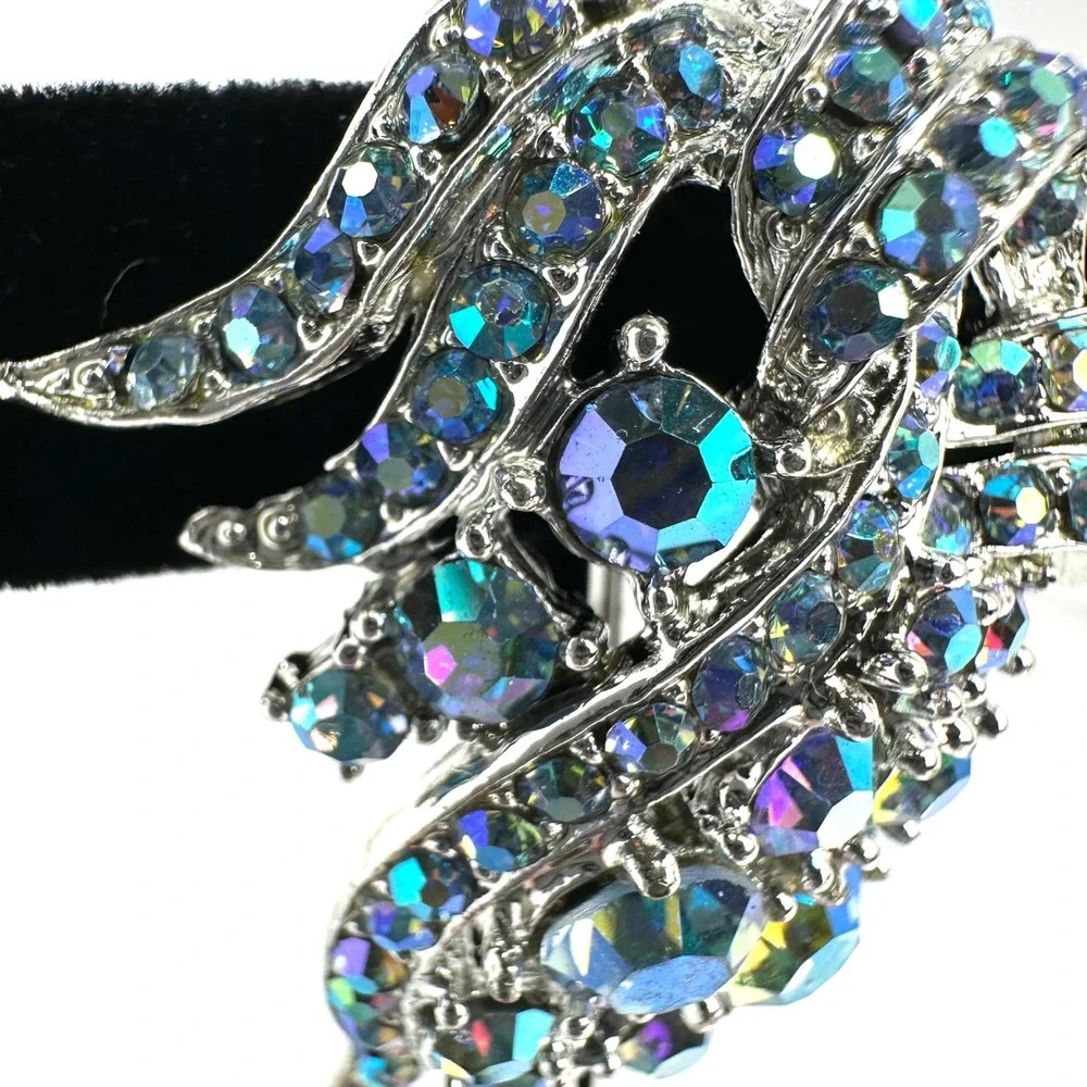 Vintage Silver Tone Aurora Borealis Rhinestone Swirl Leaf Statement Brooch Pin